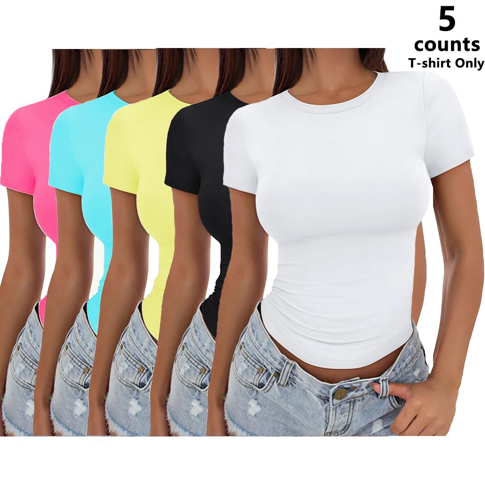 Women's Stretchy Soft Slim-Fit Short-Sleeve Y2K Cute Solid Plain Basic Crop Top - Breathable Crew Neck Polyester All Seasons Casual Tee (T-Shirt Only) #SummerVibes CC-Peach, Tops for Women