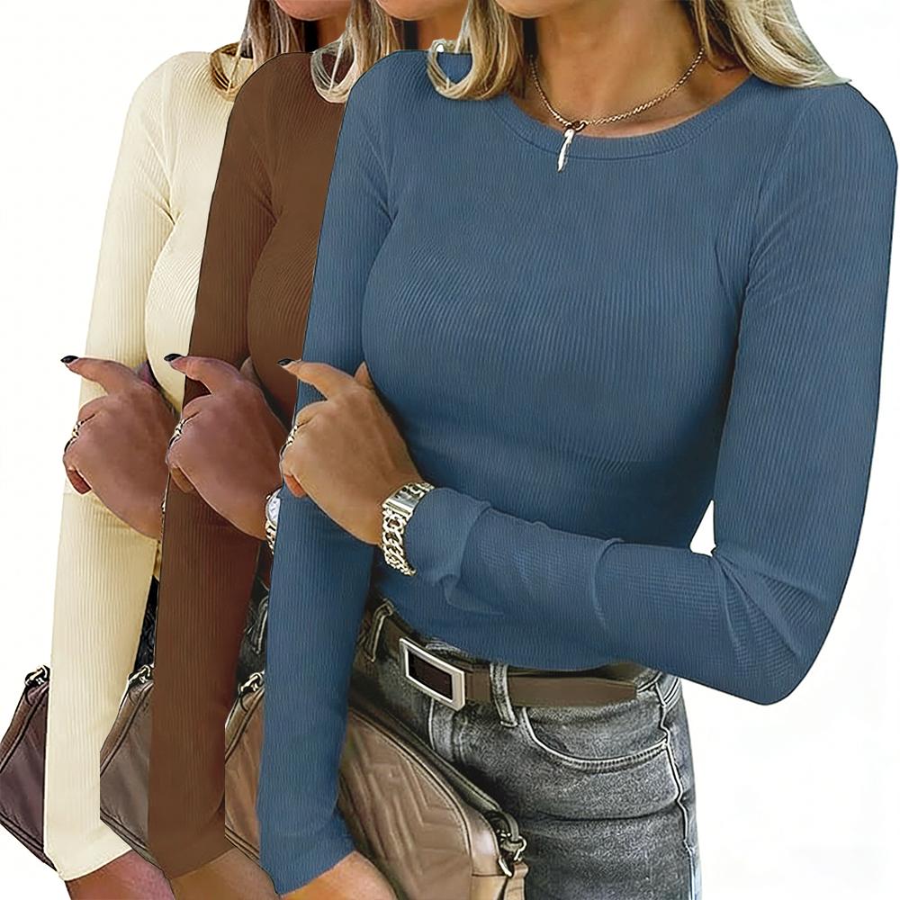 Women's Crew Neck Rib-Knit Spandex Tshirt - Full Sleeves, Slim-Fitted, Extra Coverage - 6-Pcs Multicolor Long Sleeve Tops Women for Fall Casual Layering, Polished for Casual Days, Shirts for Women