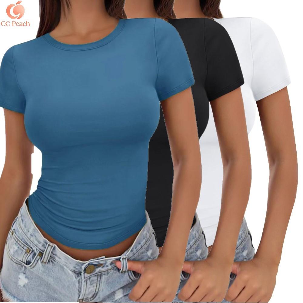 Women's Stretchy Soft Slim-Fit Short-Sleeve Y2K Cute Solid Plain Basic Crop Top - Breathable Crew Neck Polyester All Seasons Casual Tee (T-Shirt Only) #SummerVibes CC-Peach, Tops for Women