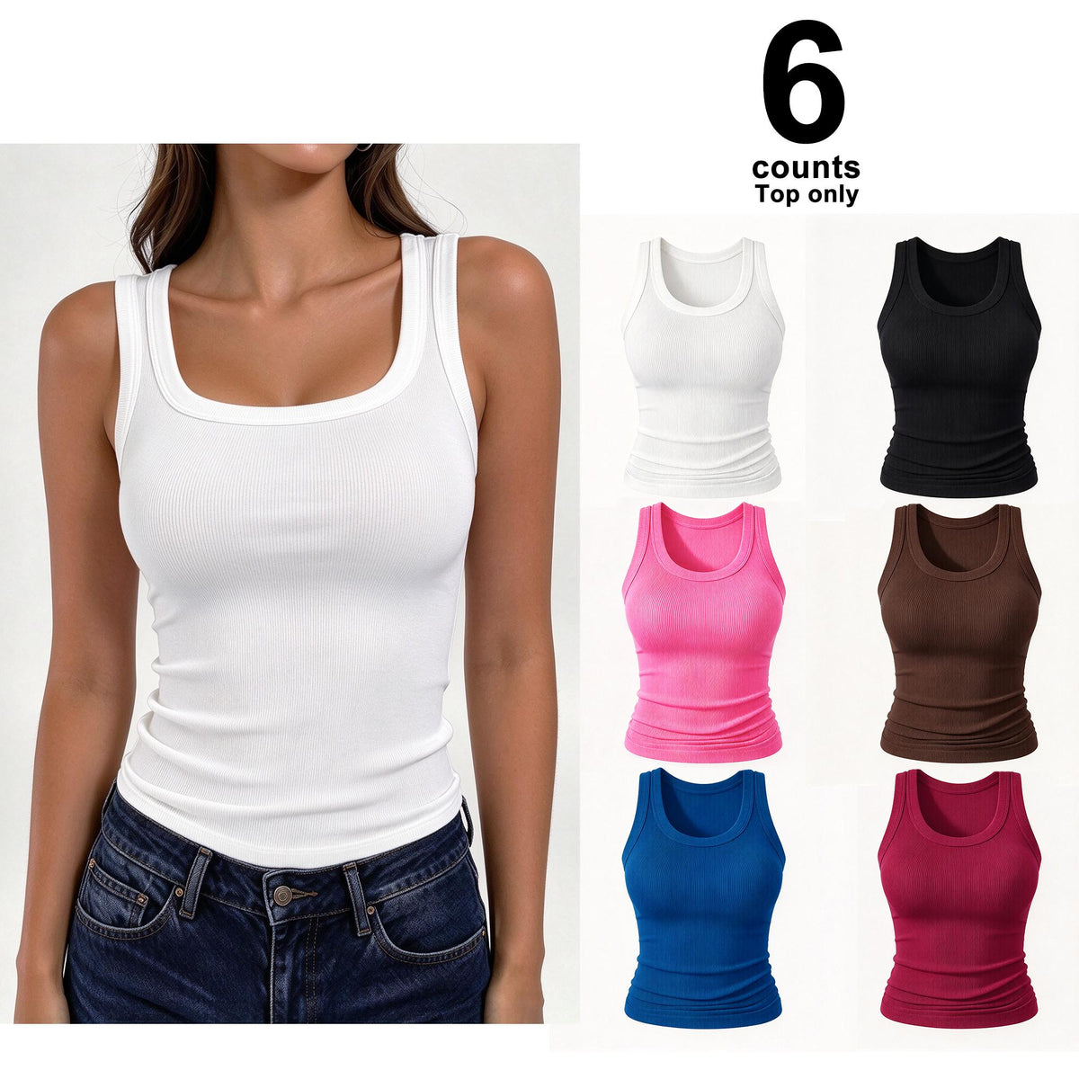 Women's Sleeveless Scoop Neck Ribbed Fitted Tank Top, 2026 Summer Basic Slim Cute Casual Top, 90% Polyester 10% Spandex, Business Wear Compatible, Do Not Bleach