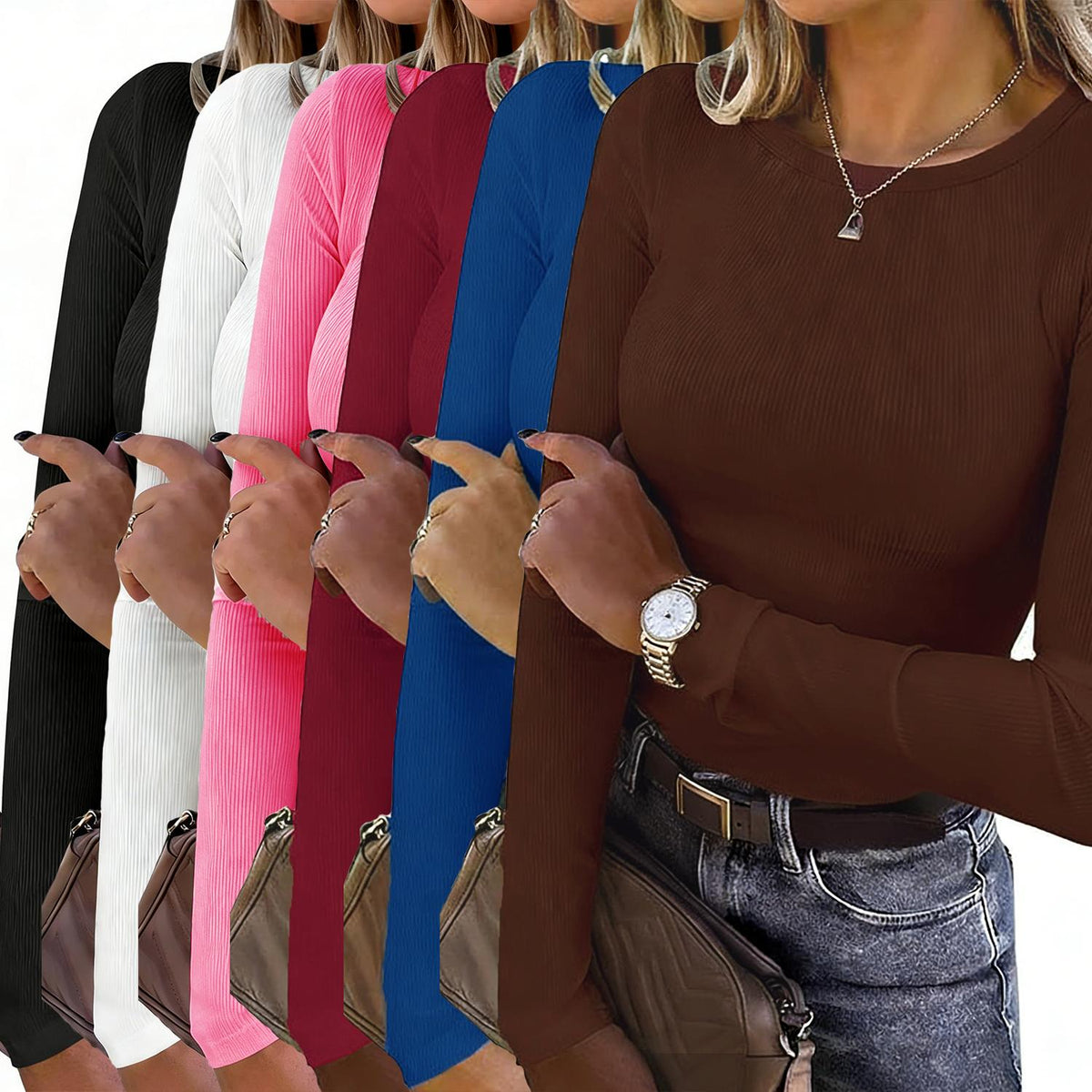 Women's Crew Neck Rib-Knit Spandex Tshirt - Full Sleeves, Slim-Fitted, Extra Coverage - 6-Pcs Multicolor Long Sleeve Tops Women for Fall Casual Layering, Polished for Casual Days, Shirts for Women