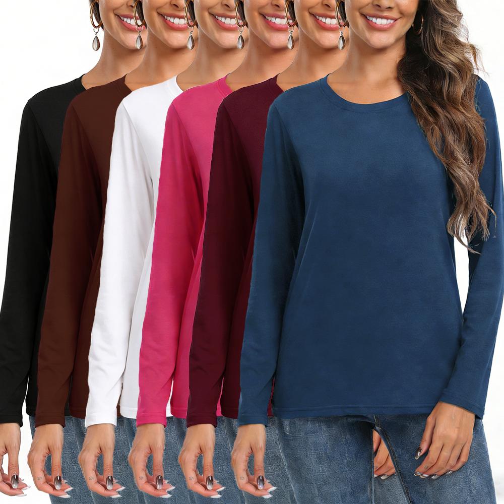 Women's Lady Spandex Elastane Crew Neck Plain Long-Sleeve Tshirt - Loose Fit, Comfortable Fabric Basic Casual Layering Shirts for Women, Stylish Daily Outfit Essentials, Available in 2XL
