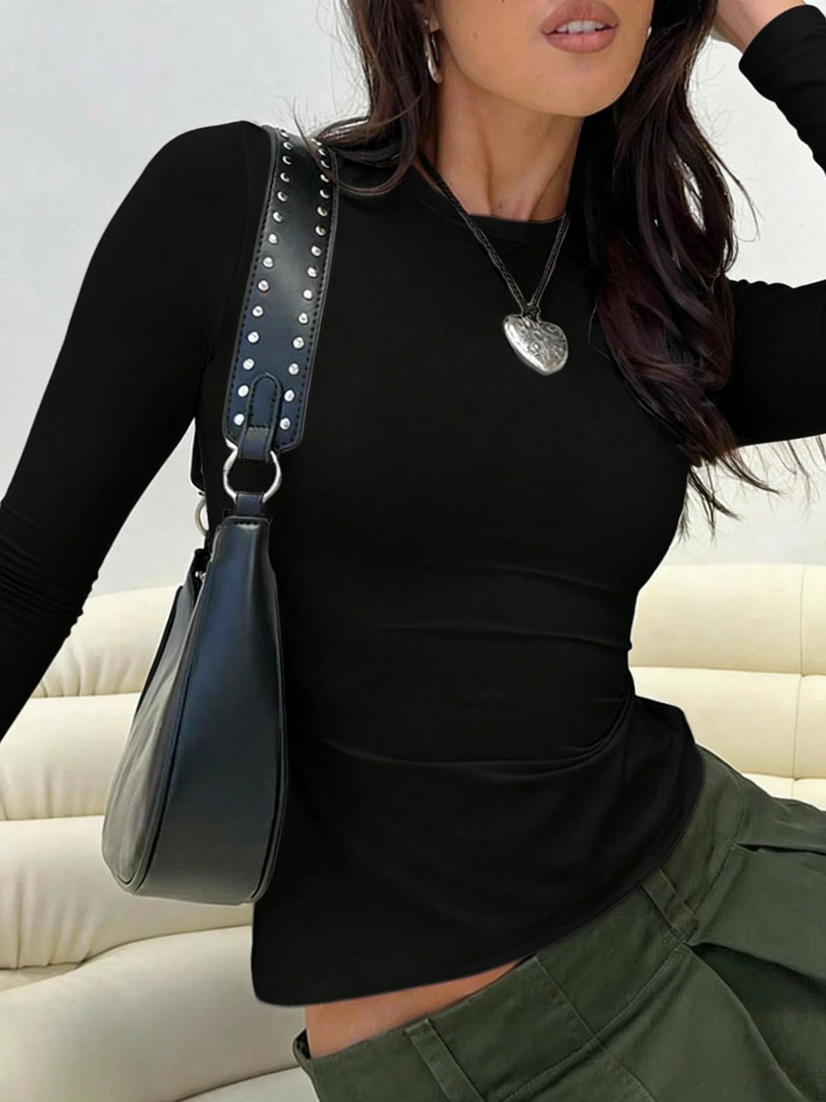 Women's Long-Sleeve Slim Round-Neck Crop Undershirt - Soft Fabric, Flattering Fit, Casual Streetwear Clothing, Basic Women's Fashion Tops