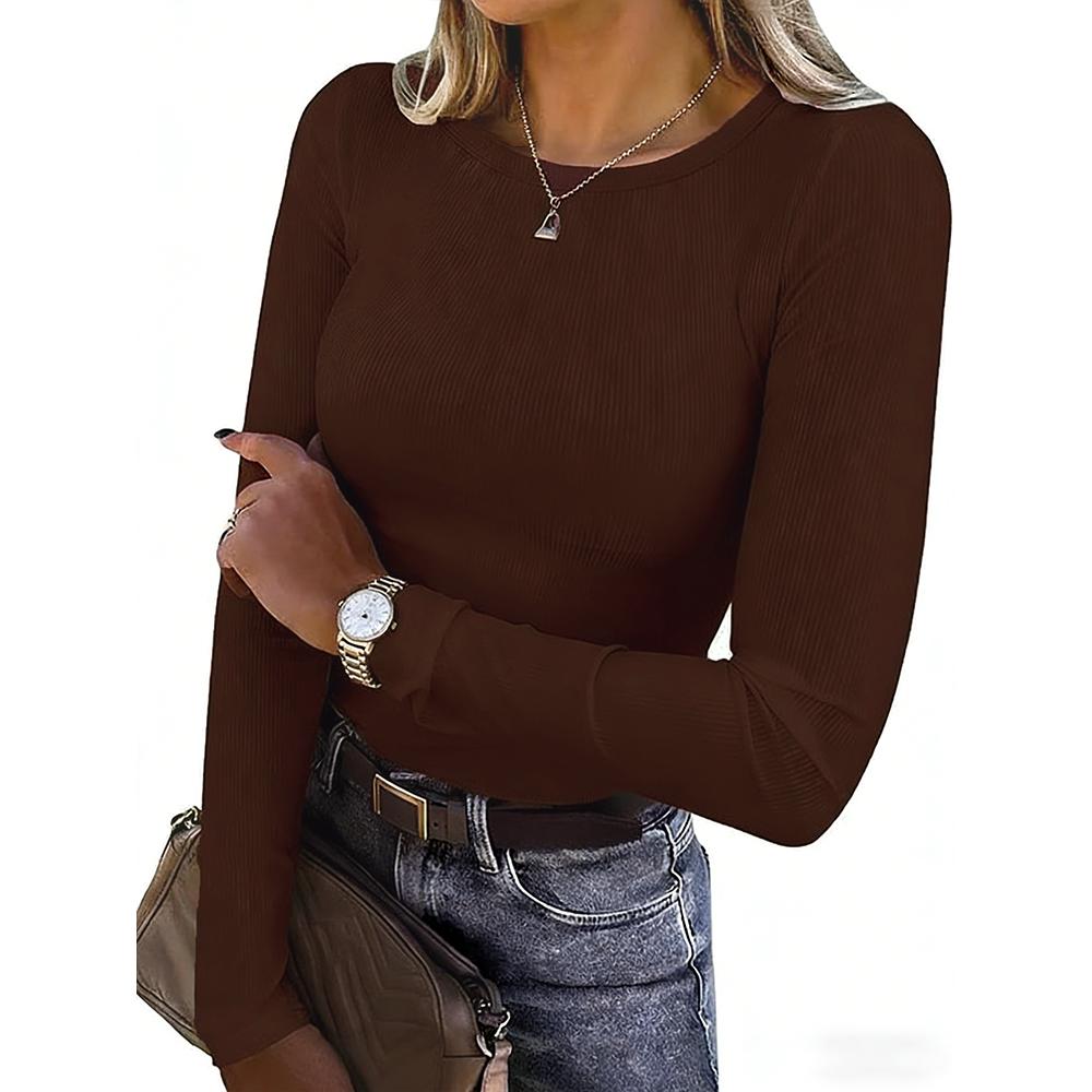 Women's Crew Neck Rib-Knit Spandex Tshirt - Full Sleeves, Slim-Fitted, Extra Coverage - 6-Pcs Multicolor Long Sleeve Tops Women for Fall Casual Layering, Polished for Casual Days, Shirts for Women