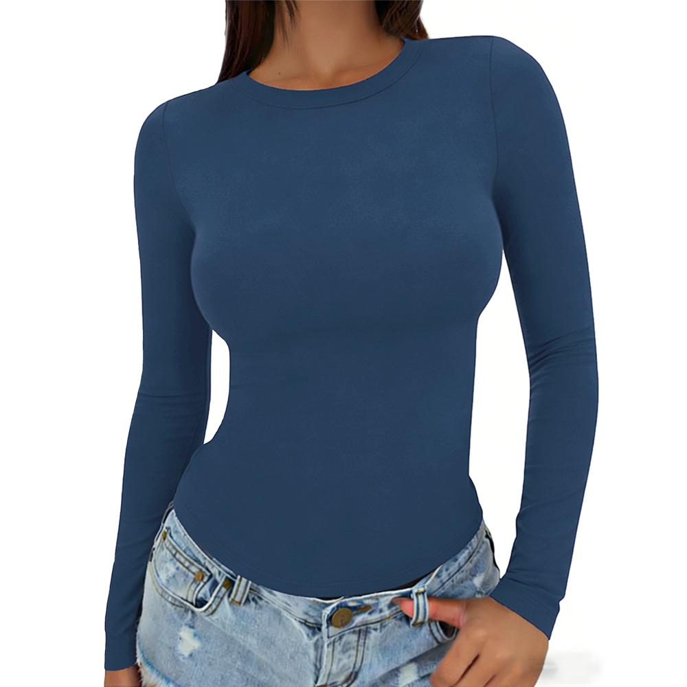 Women's Long-Sleeve Slim Round-Neck Crop Undershirt - Soft Fabric, Flattering Fit, Casual Streetwear Clothing, Basic Women's Fashion Tops