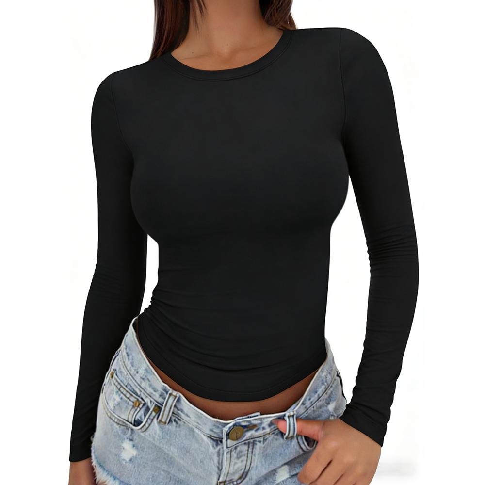 Women's Long-Sleeve Slim Round-Neck Crop Undershirt - Soft Fabric, Flattering Fit, Casual Streetwear Clothing, Basic Women's Fashion Tops