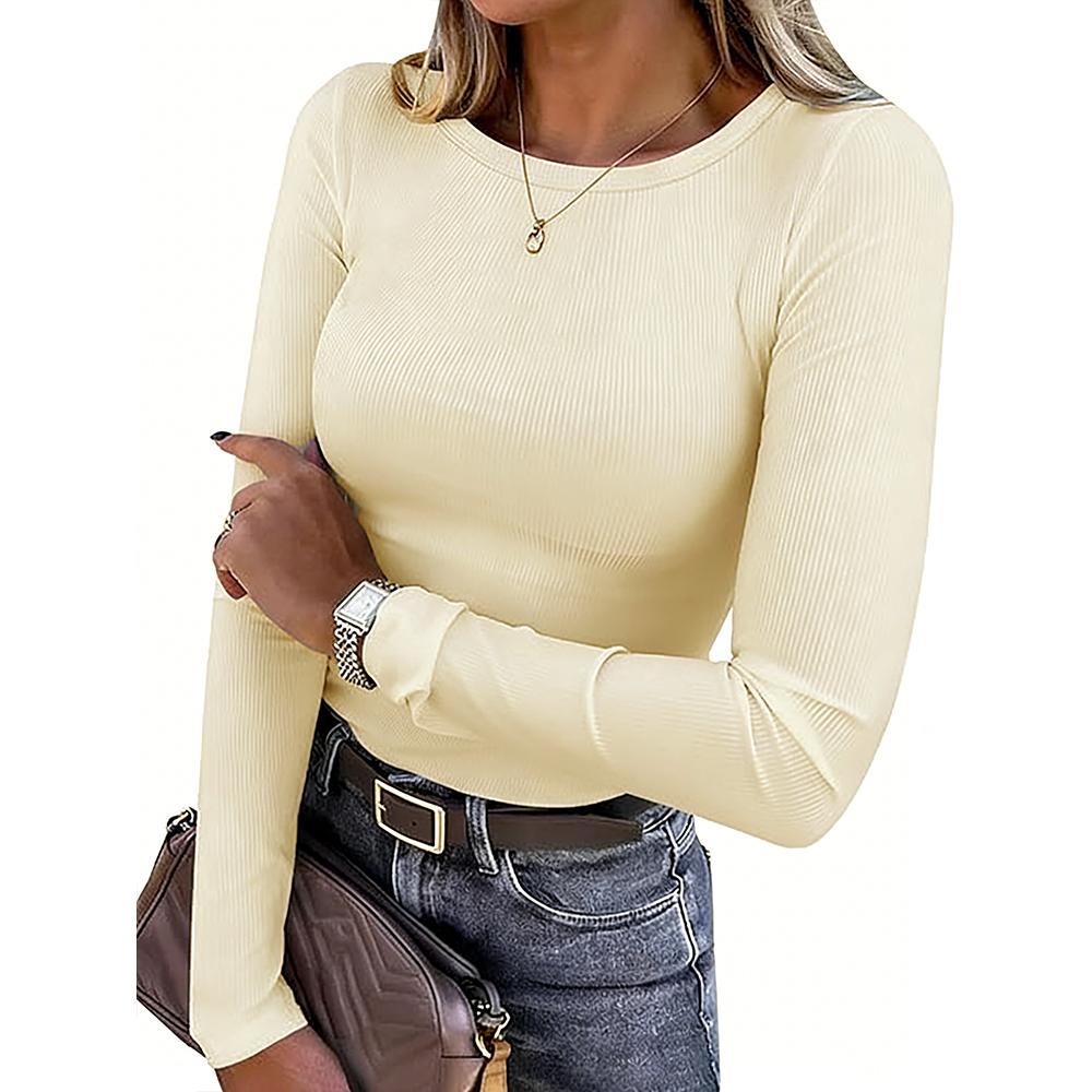 Women's Crew Neck Rib-Knit Spandex Tshirt - Full Sleeves, Slim-Fitted, Extra Coverage - 6-Pcs Multicolor Long Sleeve Tops Women for Fall Casual Layering, Polished for Casual Days, Shirts for Women
