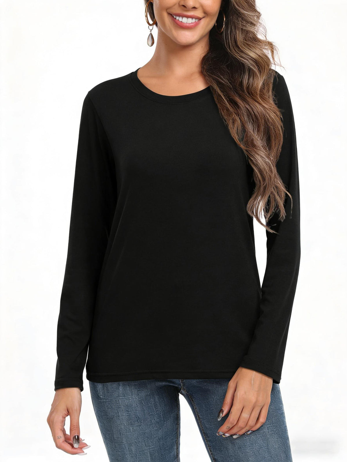 Women's Lady Spandex Elastane Crew Neck Plain Long-Sleeve Tshirt - Loose Fit, Comfortable Fabric Basic Casual Layering Shirts for Women, Stylish Daily Outfit Essentials, Available in 2XL