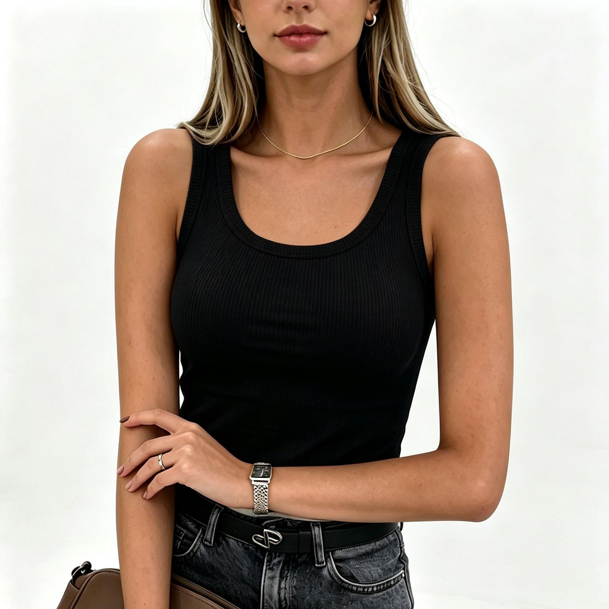Women's Sleeveless Scoop Neck Ribbed Fitted Tank Top, 2026 Summer Basic Slim Cute Casual Top, 90% Polyester 10% Spandex, Business Wear Compatible, Do Not Bleach