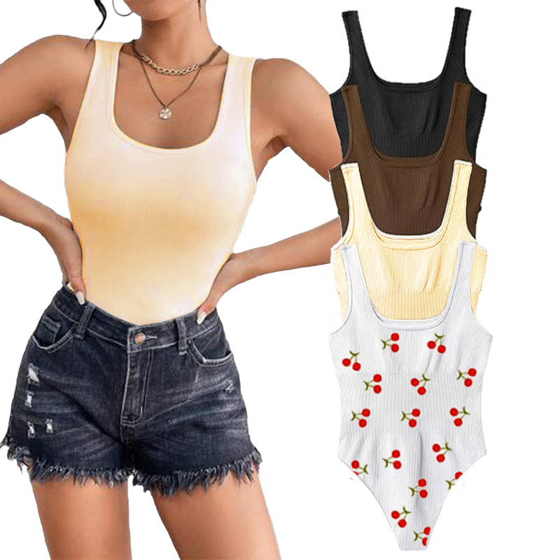 Women's 4 Piece Bodysuits Sexy Ribbed Sleeveless Square Neck Tank Tops Leotard 2025 Trendy Outfits