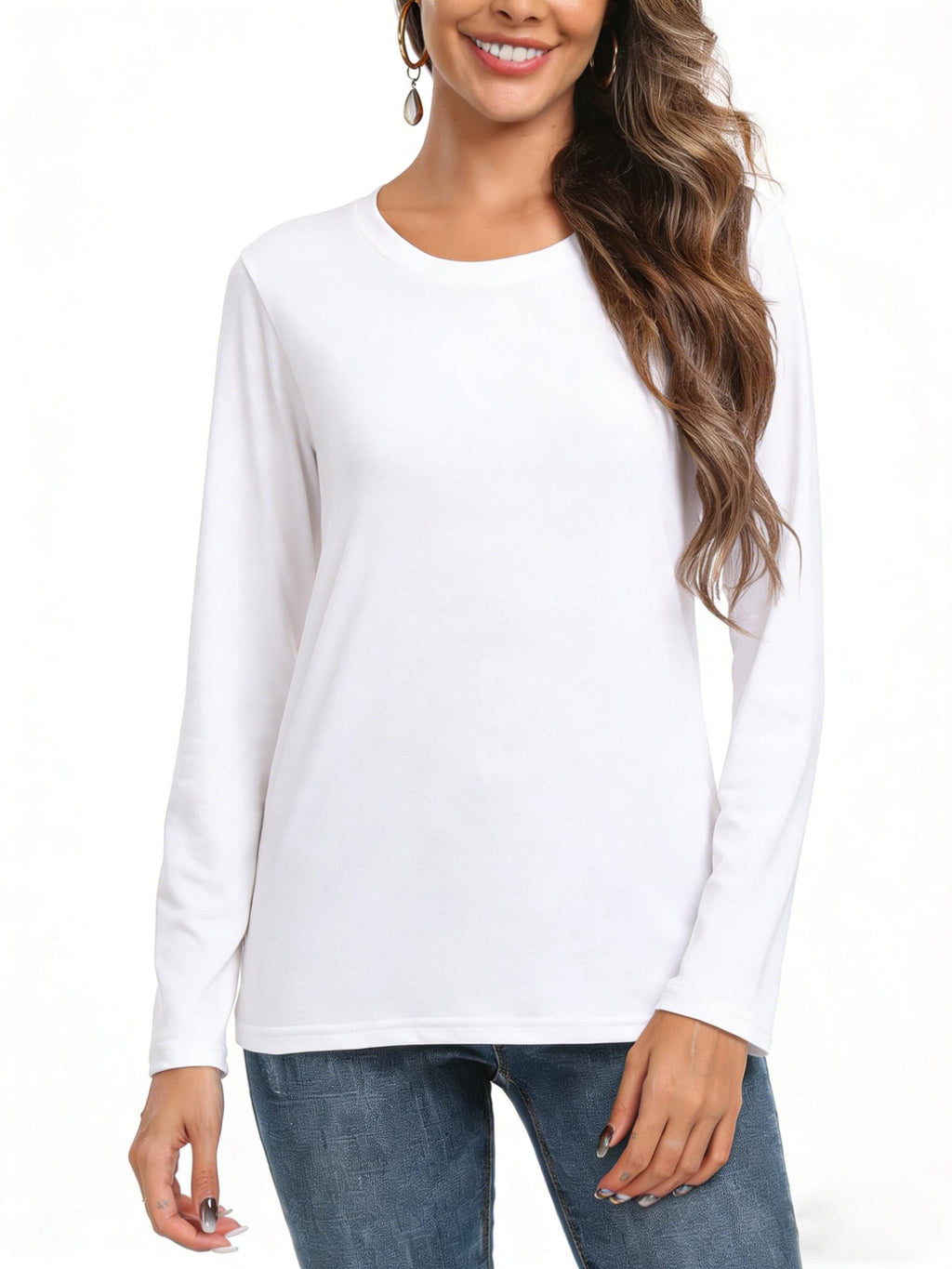 Women's Lady Spandex Elastane Crew Neck Plain Long-Sleeve Tshirt - Loose Fit, Comfortable Fabric Basic Casual Layering Shirts for Women, Stylish Daily Outfit Essentials, Available in 2XL