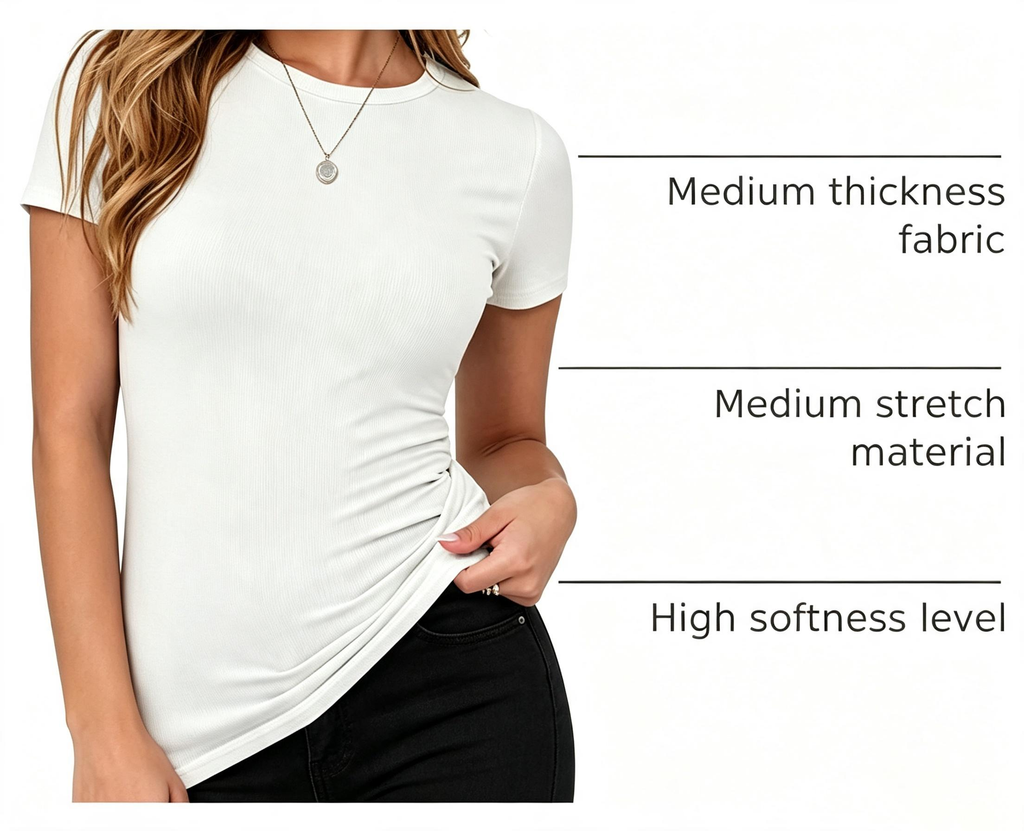 Women's Basic Slim-Fitting Ribbed Texture Short-Sleeve T-Shirt, Stretchy Polyester Blend Casual Women's Top, T-Shirts for Women
