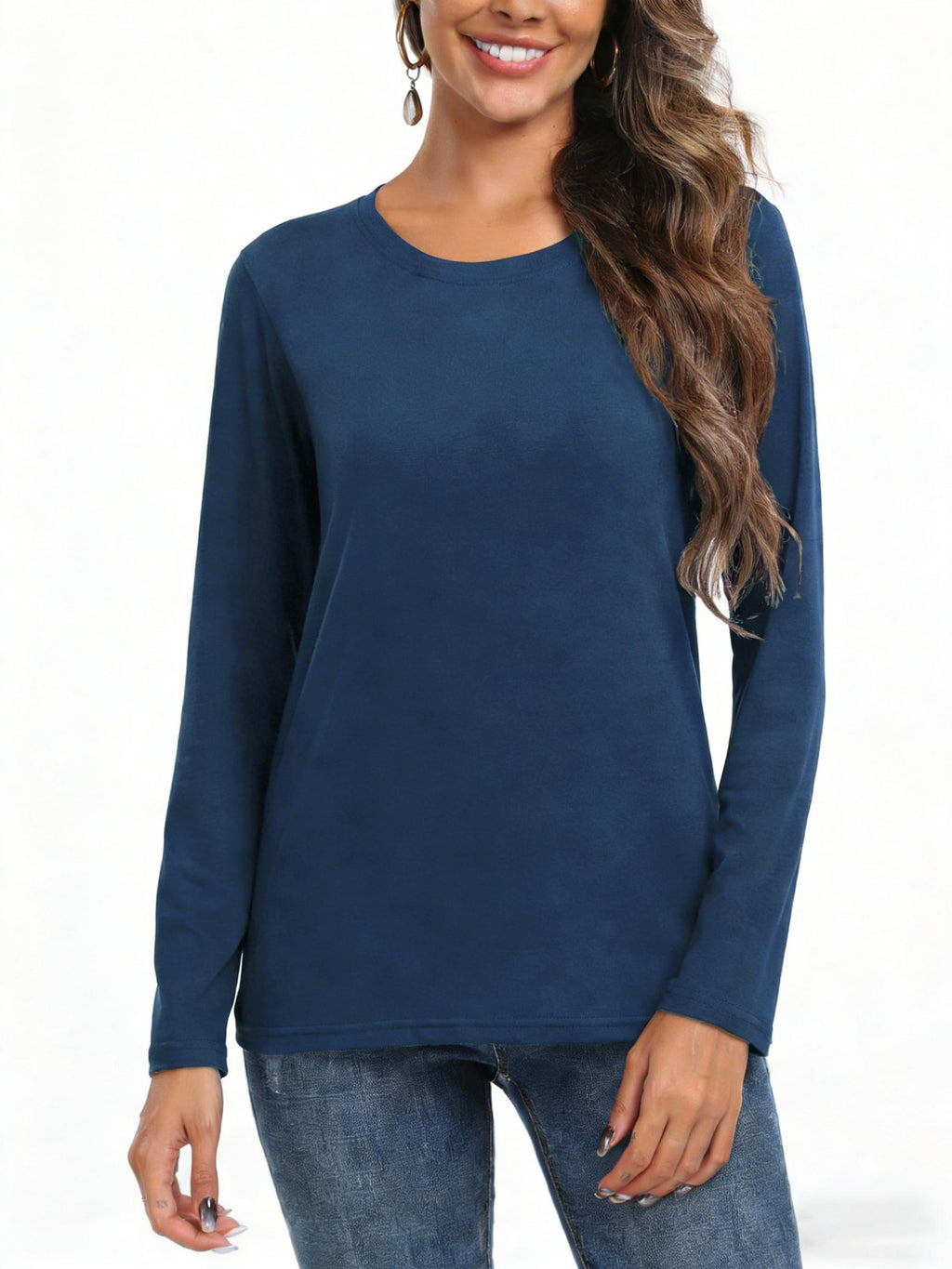 Women's Lady Spandex Elastane Crew Neck Plain Long-Sleeve Tshirt - Loose Fit, Comfortable Fabric Basic Casual Layering Shirts for Women, Stylish Daily Outfit Essentials, Available in 2XL