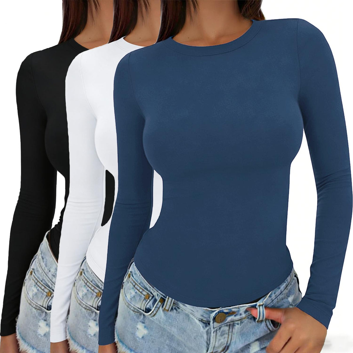 Women's Long-Sleeve Slim Round-Neck Crop Undershirt - Soft Fabric, Flattering Fit, Casual Streetwear Clothing, Basic Women's Fashion Tops