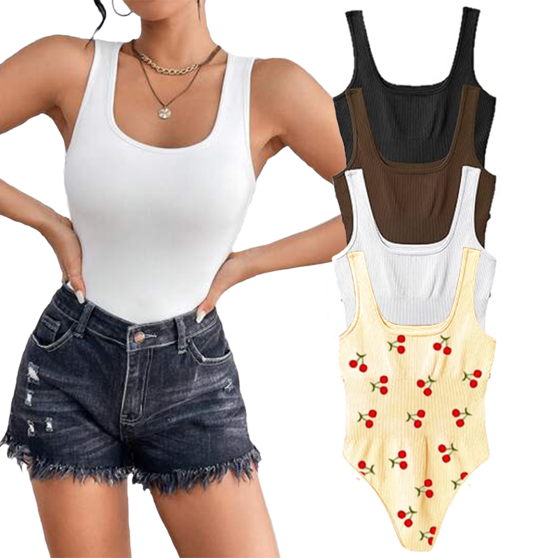Women's 4 Piece Bodysuits Sexy Ribbed Sleeveless Square Neck Tank Tops Leotard 2025 Trendy Outfits