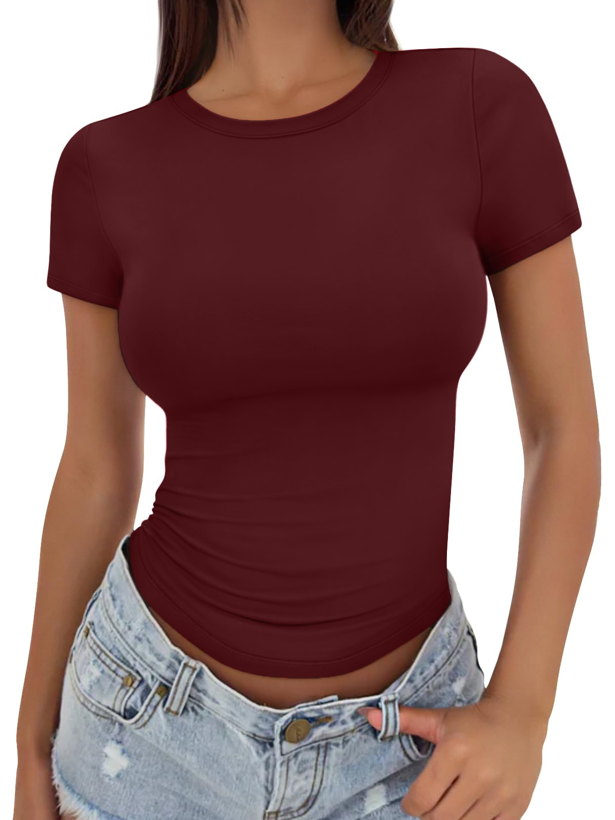 Womens Undershirt Short Sleeve Slim Fit Summer T Shirts Solid Color Round Neck Short  Casual Tee