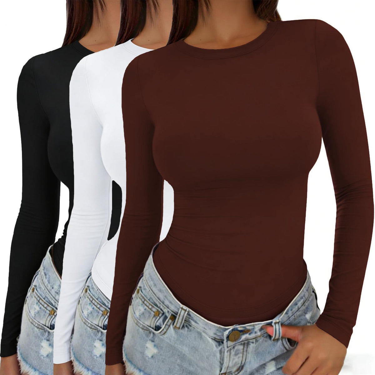 Women's Long-Sleeve Slim Round-Neck Crop Undershirt - Soft Fabric, Flattering Fit, Casual Streetwear Clothing, Basic Women's Fashion Tops