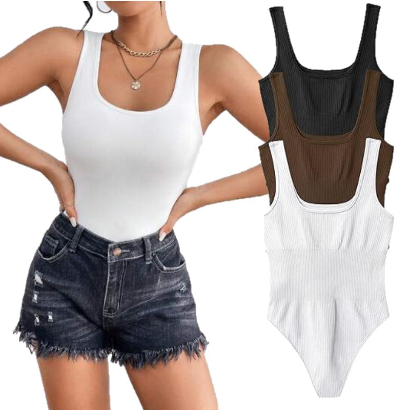Women's 3 Piece Bodysuits Sexy Ribbed Sleeveless Square Neck Tank Tops Leotard 2025 Trendy Outfits