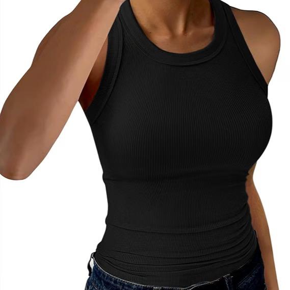 Women's High Neck Ribbed Tank Tops - Thick Strap, Slim Fitted, Racerback Cut, Minimalist Basic Tops for Casual Wear - Women's Tops, Polyester Blend Texture,clothes for back to school,first day of school outfits