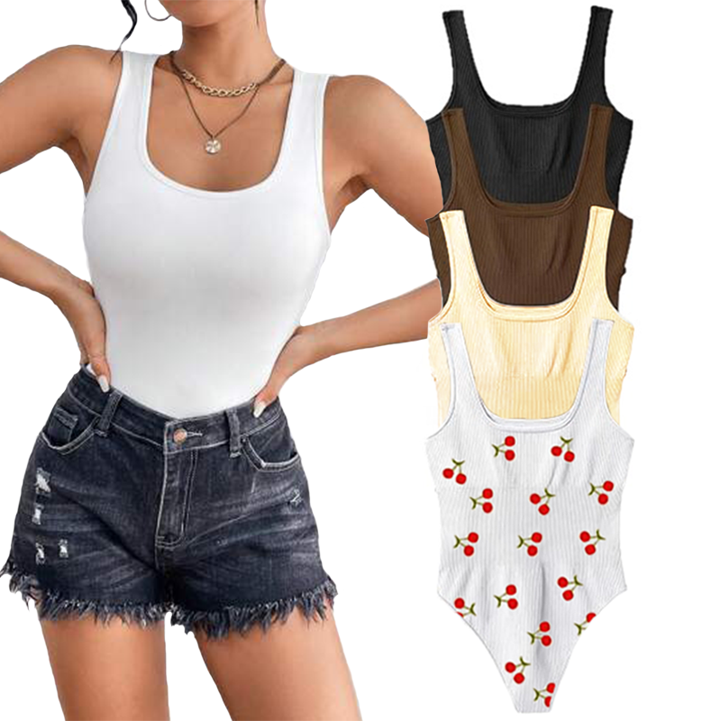 Women's 4 Piece Bodysuits Sexy Ribbed Sleeveless Square Neck Tank Tops Leotard 2025 Trendy Outfits